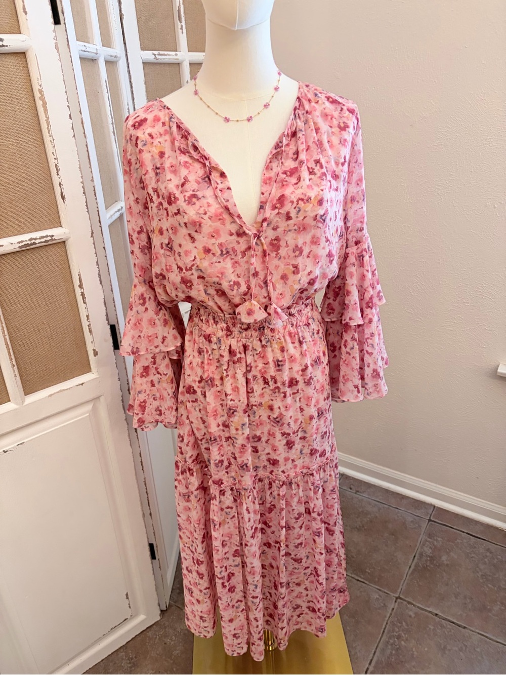MISA Los Angeles Coco Midi Dress Bell Sleeve XS Pink Ditsy Floral Boho NWT
